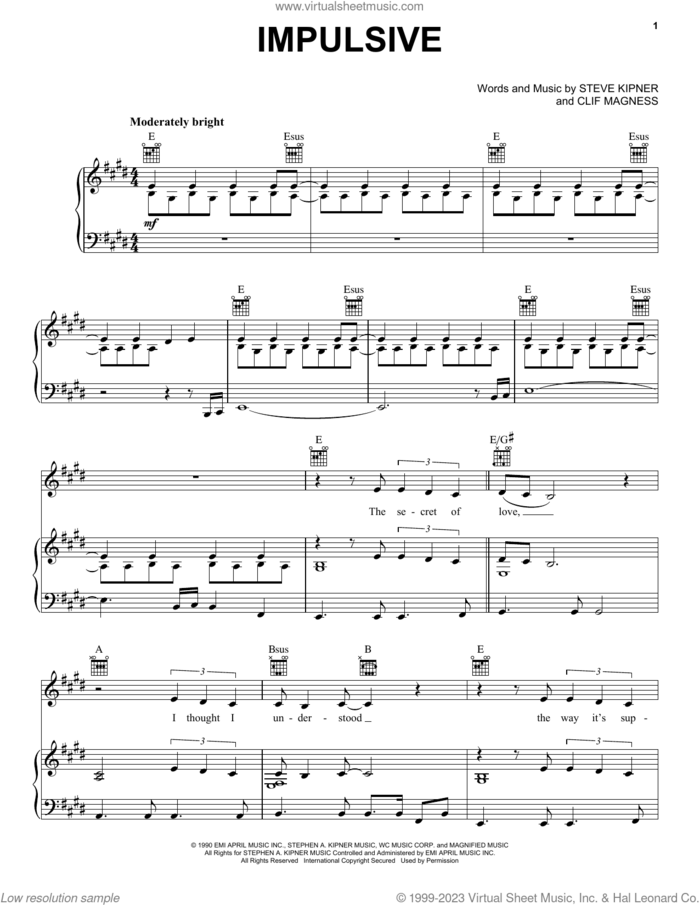 Impulsive sheet music for voice, piano or guitar by Wilson Phillips, Clif Magness and Steve Kipner, intermediate skill level