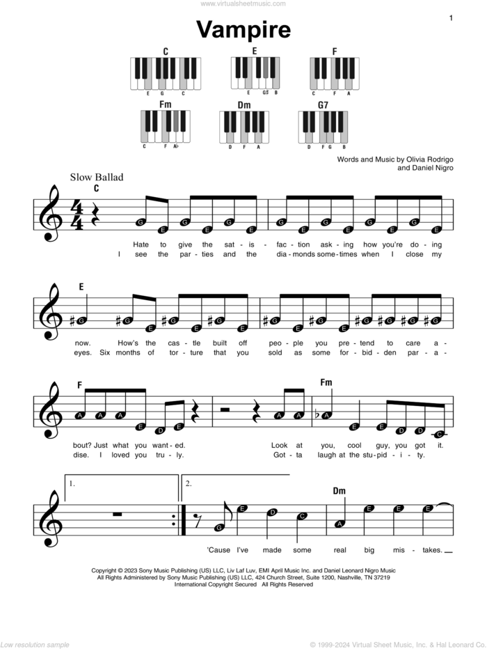 vampire, (beginner) sheet music for piano solo by Olivia Rodrigo and Daniel Nigro, beginner skill level