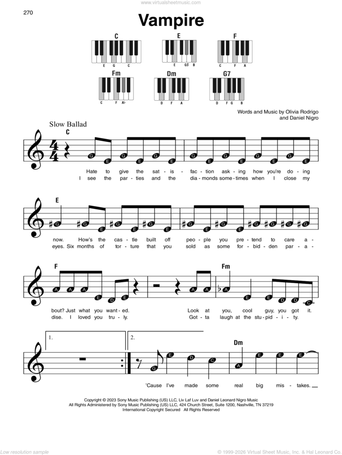 vampire, (beginner) sheet music for piano solo by Olivia Rodrigo and Daniel Nigro, beginner skill level