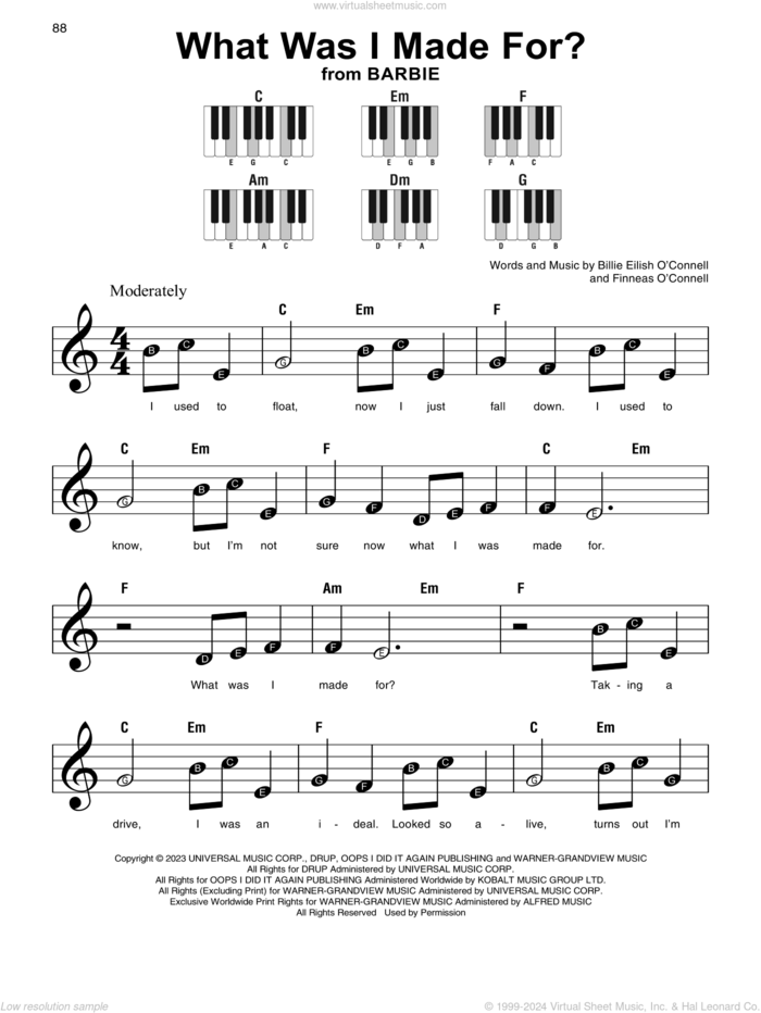 What Was I Made For? (from Barbie), (beginner) sheet music for piano solo by Billie Eilish, beginner skill level