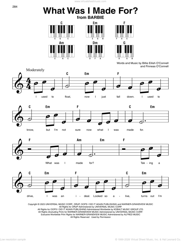 What Was I Made For? (from Barbie), (beginner) sheet music for piano solo by Billie Eilish, beginner skill level