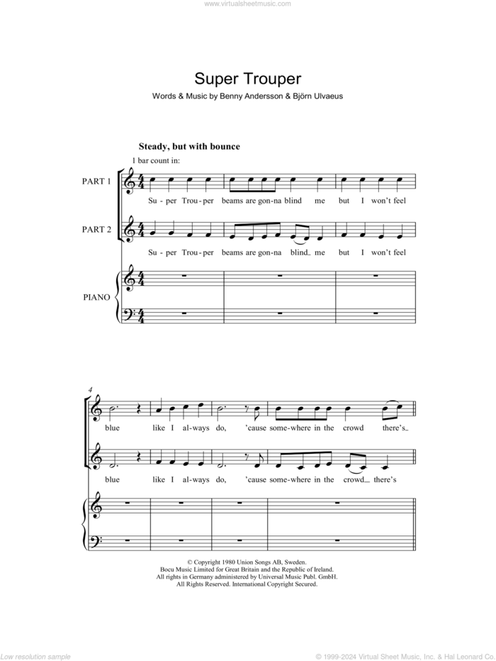 Super Trouper (arr. Rick Hein) sheet music for choir (2-Part) by ABBA, Rick Hein, Benny Andersson, Bjorn Ulvaeus and Miscellaneous, intermediate duet