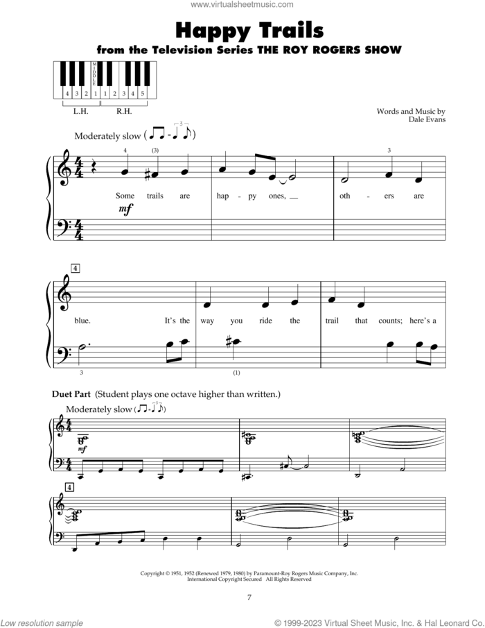Happy Trails sheet music for piano solo (5-fingers) by Roy Rogers and Dale Evans, beginner piano (5-fingers)