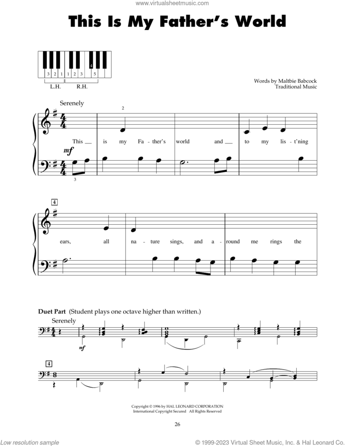 This Is My Father's World sheet music for piano solo (5-fingers) by Maltbie D. Babcock and Franklin L. Sheppard, beginner piano (5-fingers)