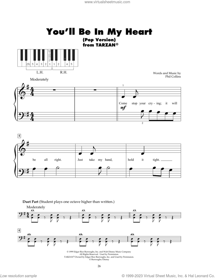 You'll Be In My Heart (from Tarzan) sheet music for piano solo (5-fingers) by Phil Collins, beginner piano (5-fingers)