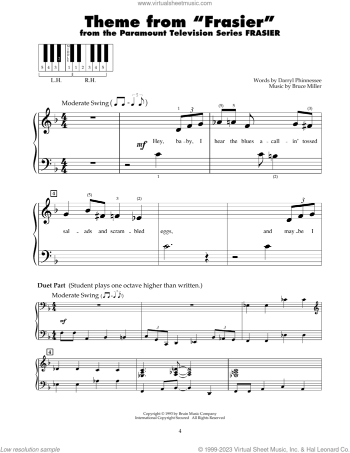 Fraiser - End Title (Theme from Fraiser) sheet music for piano solo (5-fingers) by Bruce Miller and Darryl Phinnessee, beginner piano (5-fingers)