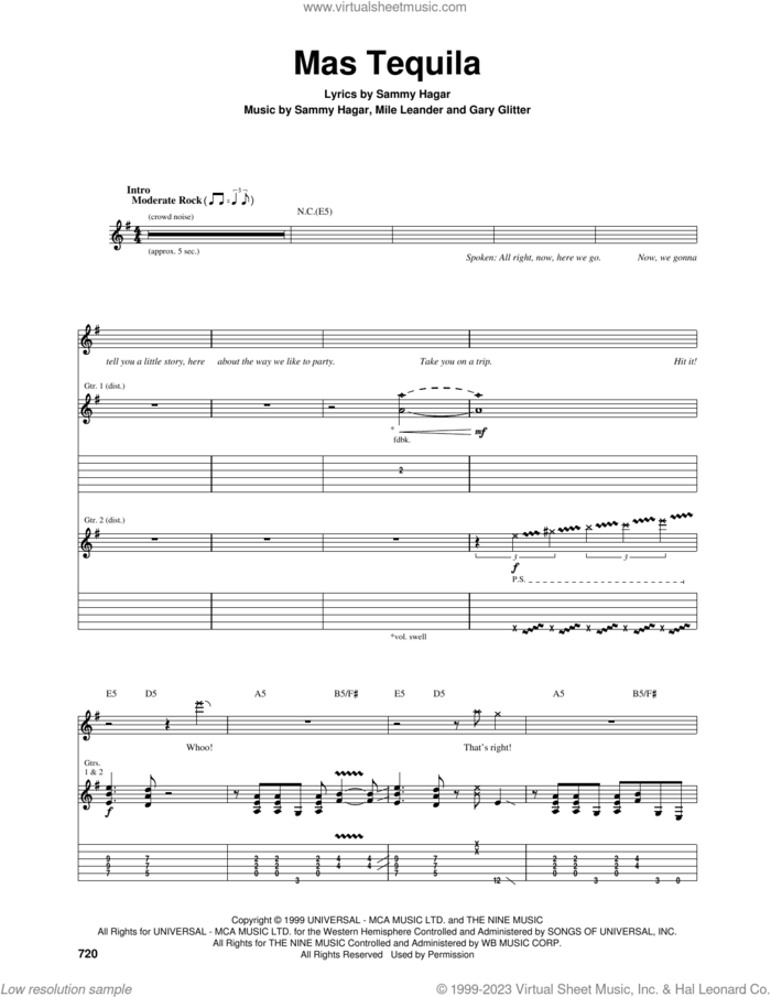 Mas Tequila sheet music for guitar (tablature) by Sammy Hagar, Gary Glitter and Mike Leander, intermediate skill level