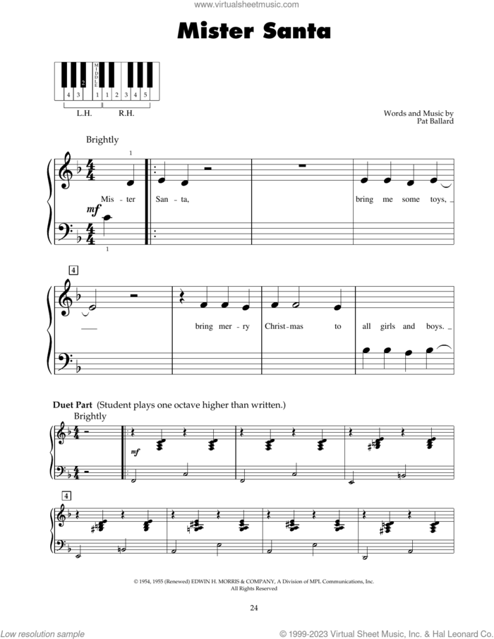 Mister Santa sheet music for piano solo (5-fingers) by Pat Ballard, beginner piano (5-fingers)