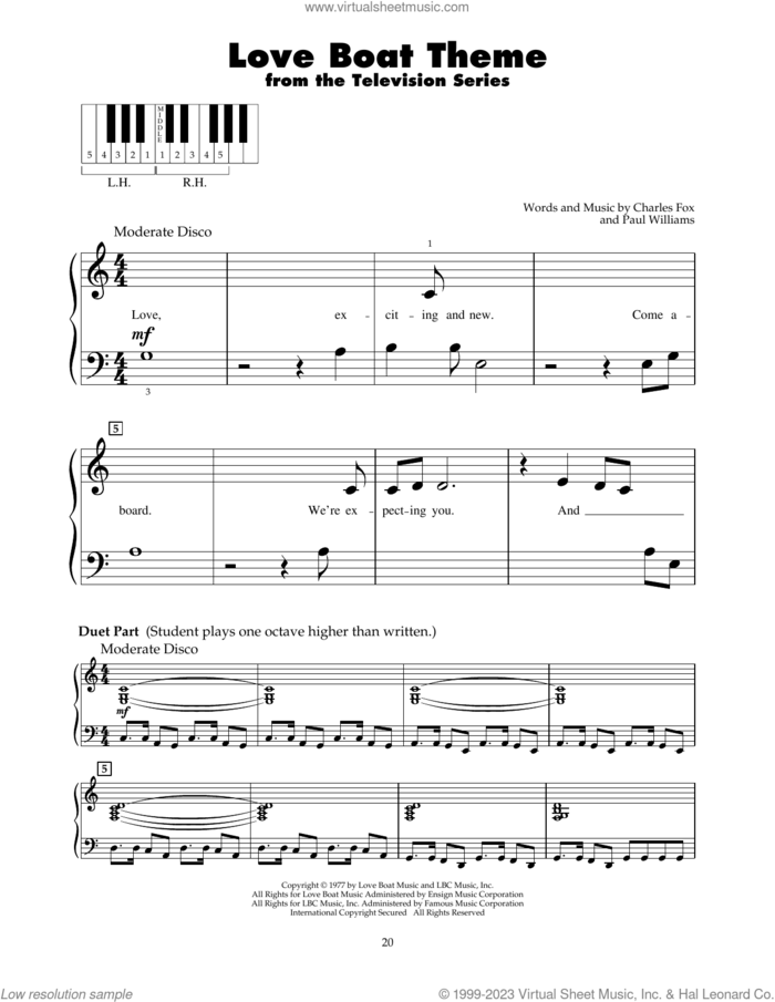 Love Boat Theme sheet music for piano solo (5-fingers) by Paul Williams and Charles Fox, beginner piano (5-fingers)