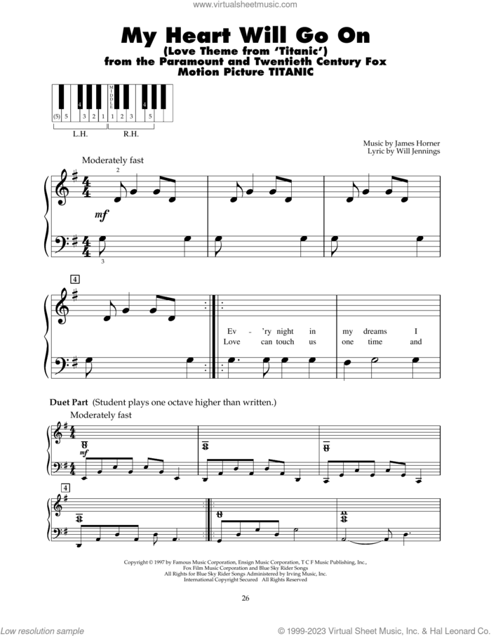 My Heart Will Go On (Love Theme from Titanic) sheet music for piano solo (5-fingers) by Celine Dion, James Horner and Will Jennings, beginner piano (5-fingers)