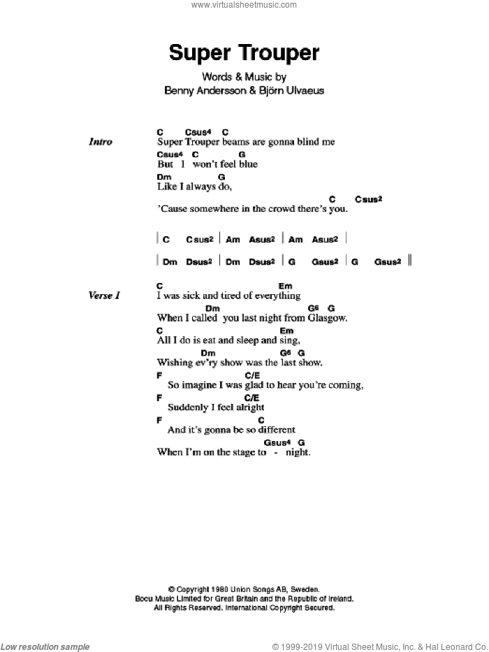 Super Trouper sheet music for guitar (chords) by ABBA, Benny Andersson, Bjorn Ulvaeus and Miscellaneous, intermediate skill level