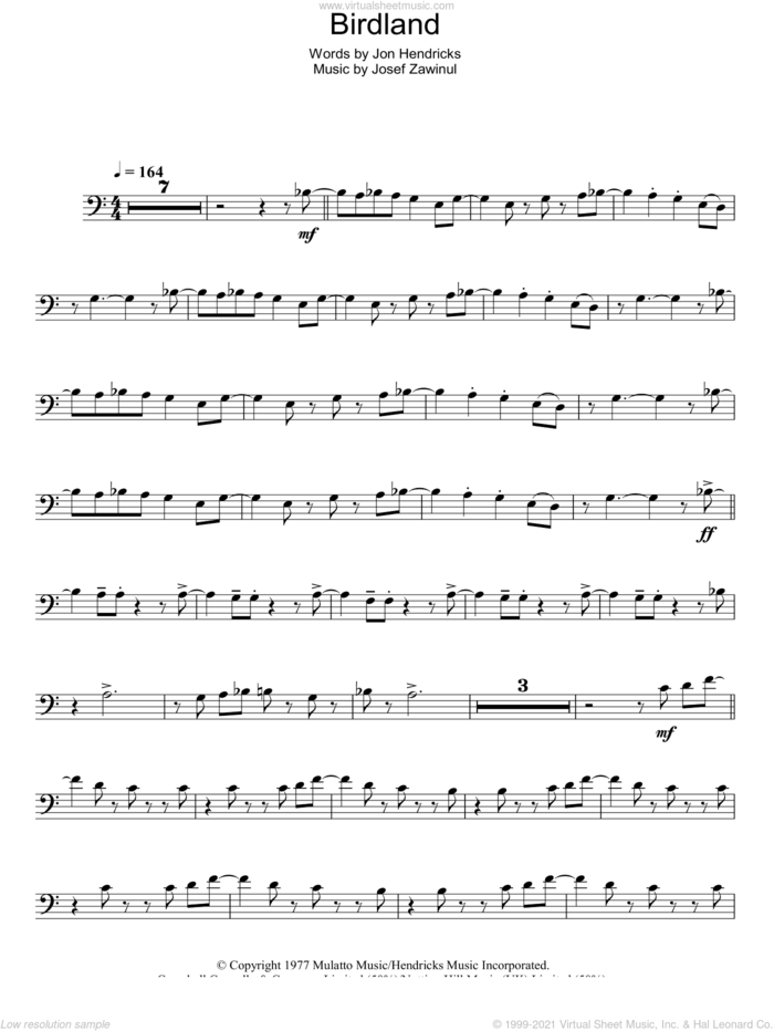 Birdland sheet music for trombone solo by Weather Report, Josef Zawinul and Jon Hendricks, intermediate skill level