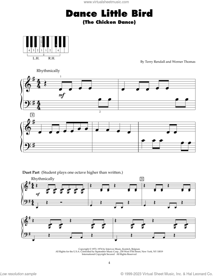 The Chicken Dance sheet music for piano solo (5-fingers) by Paul Parnes, Terry Rendall and Werner Thomas, beginner piano (5-fingers)