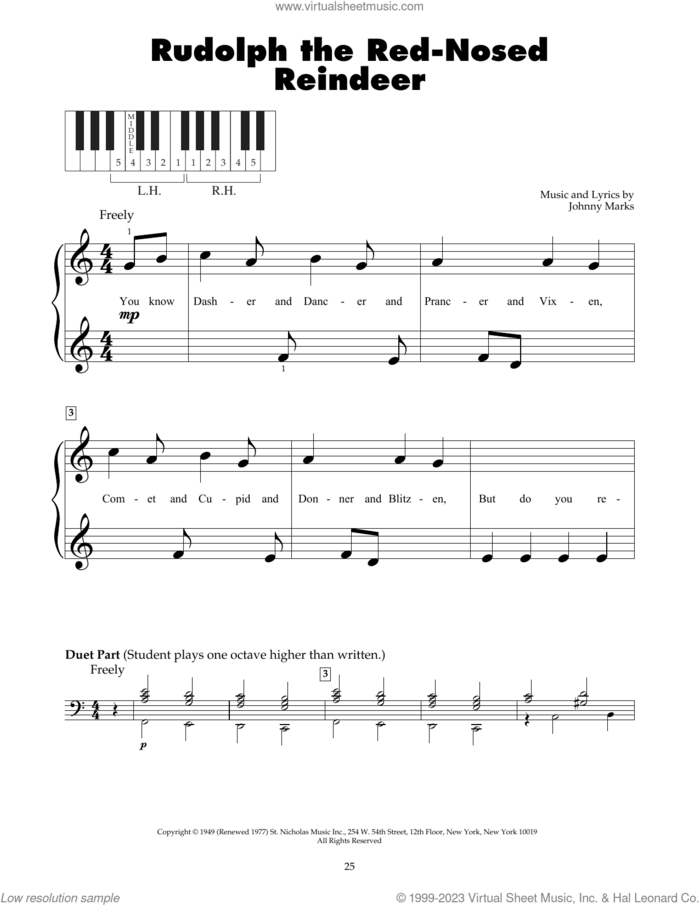 Rudolph The Red-Nosed Reindeer sheet music for piano solo (5-fingers) by Johnny Marks, beginner piano (5-fingers)