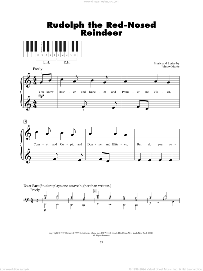 Rudolph The Red-Nosed Reindeer sheet music for piano solo (5-fingers) by Johnny Marks, beginner piano (5-fingers)