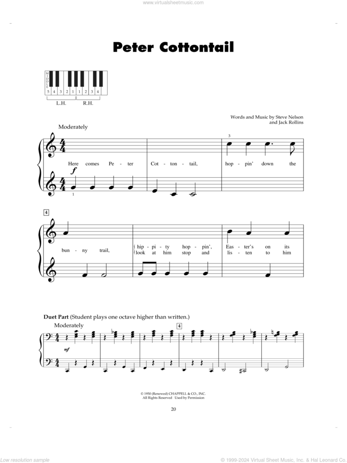 Peter Cottontail sheet music for piano solo (5-fingers) by Steve Nelson and Jack Rollins, beginner piano (5-fingers)