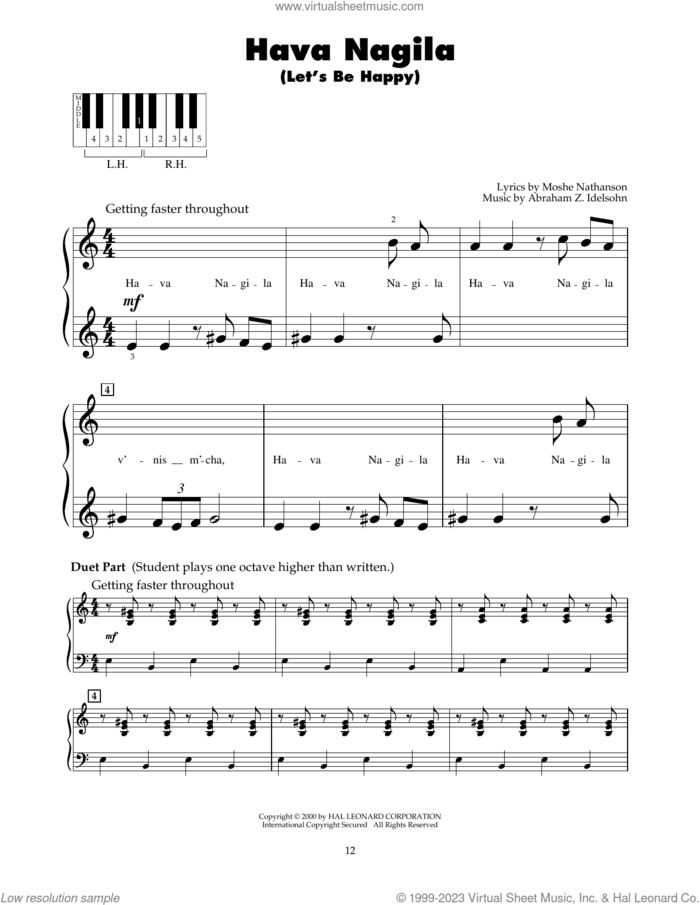 Hava Nagila (Let's Be Happy) sheet music for piano solo (5-fingers) by Moshe Nathanson and Abraham Z. Idelsohn, beginner piano (5-fingers)