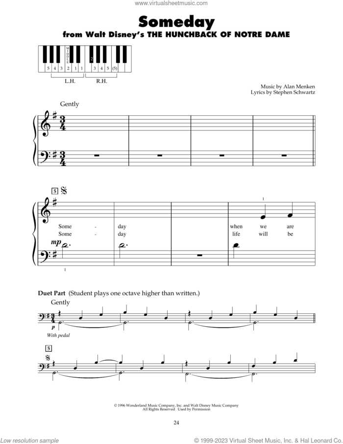 Someday (from The Hunchback Of Notre Dame) sheet music for piano solo (5-fingers) by All-4-One, Alan Menken and Stephen Schwartz, beginner piano (5-fingers)