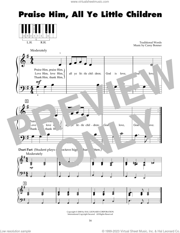Praise Him, All Ye Little Children sheet music for piano solo (5-fingers) by Traditional Words and Carey Bonner, beginner piano (5-fingers)