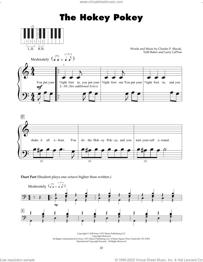 The Hokey Pokey sheet music for piano solo (5-fingers) by Larry LaPrise, Charles P. Macak and Tafft Baker, beginner piano (5-fingers)