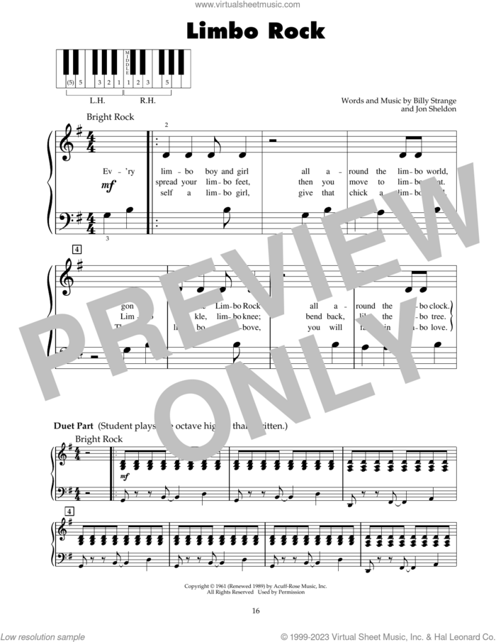 Limbo Rock sheet music for piano solo (5-fingers) by Chubby Checker, Billy Strange and Jon Sheldon, beginner piano (5-fingers)