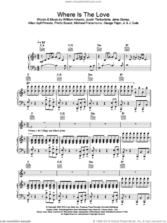 Where Is The Love sheet music for voice, piano or guitar by Black Eyed Peas, intermediate skill level