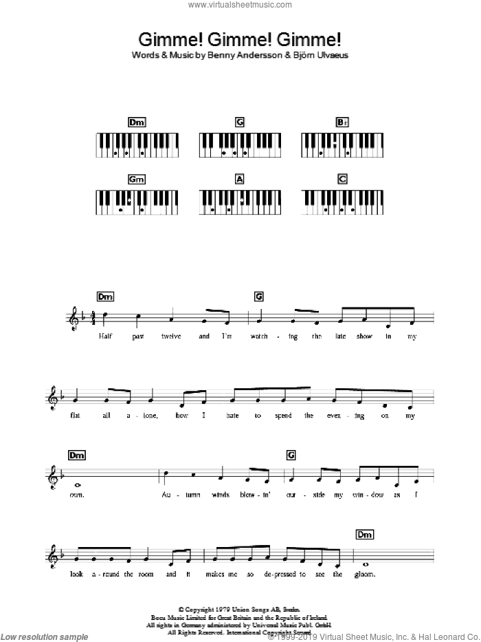 Gimme! Gimme! Gimme! (A Man After Midnight) sheet music for piano solo (chords, lyrics, melody) by ABBA, Benny Andersson and Bjorn Ulvaeus, intermediate piano (chords, lyrics, melody)