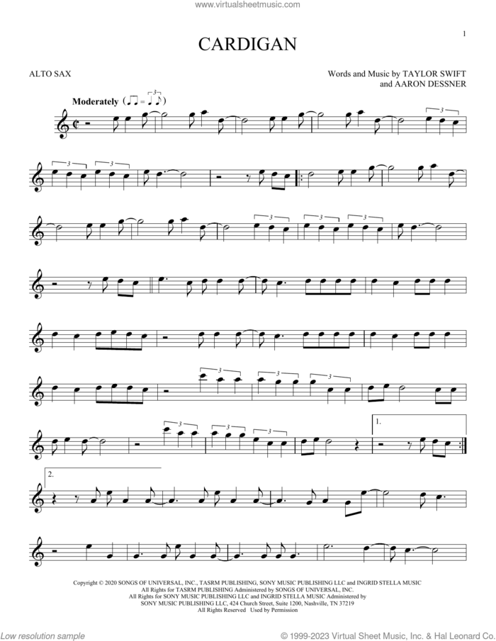 cardigan sheet music for alto saxophone solo by Taylor Swift and Aaron Dessner, intermediate skill level