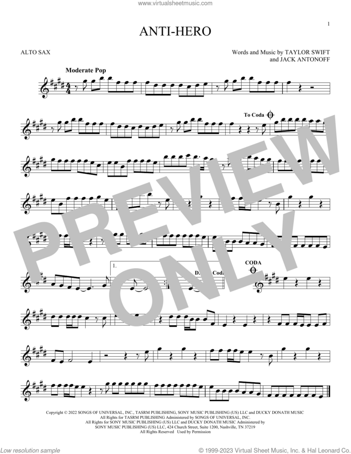 Anti-Hero sheet music for alto saxophone solo by Taylor Swift and Jack Antonoff, intermediate skill level