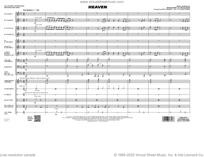 Heaven (arr. Conaway and Finger) (COMPLETE) sheet music for marching band by Matt Conaway, DJ Sammy, Jim Vallance and Matt Finger, intermediate skill level