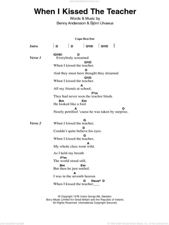 When I Kissed The Teacher sheet music for guitar (chords) by ABBA, Benny Andersson, Bjorn Ulvaeus and Miscellaneous, intermediate skill level