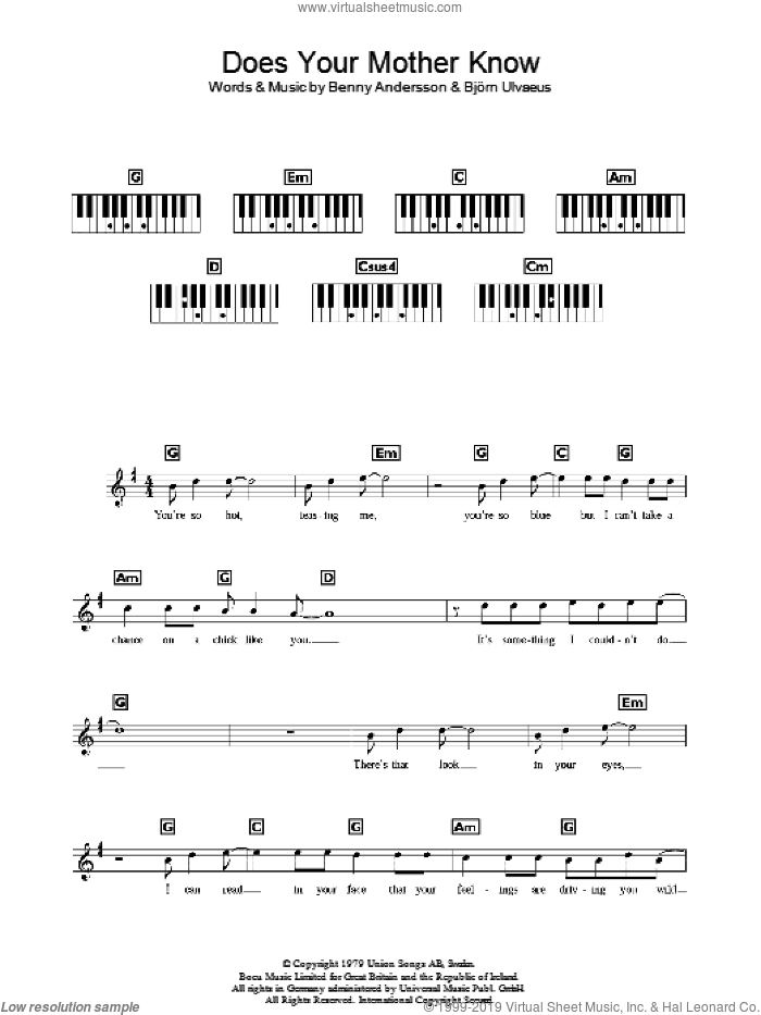 Does Your Mother Know sheet music for piano solo (chords, lyrics, melody) by ABBA and Benny Andersson, intermediate piano (chords, lyrics, melody)