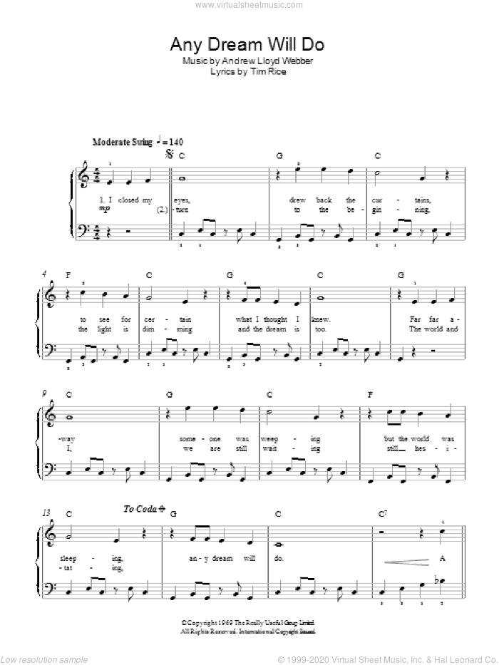 Any Dream Will Do sheet music for piano solo by Andrew Lloyd Webber and Tim Rice, easy skill level