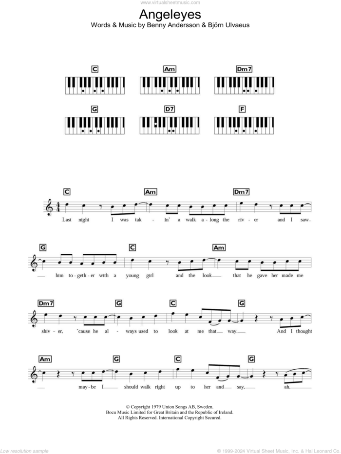 Angeleyes sheet music for piano solo (chords, lyrics, melody) by ABBA, Benny Andersson and Bjorn Ulvaeus, intermediate piano (chords, lyrics, melody)