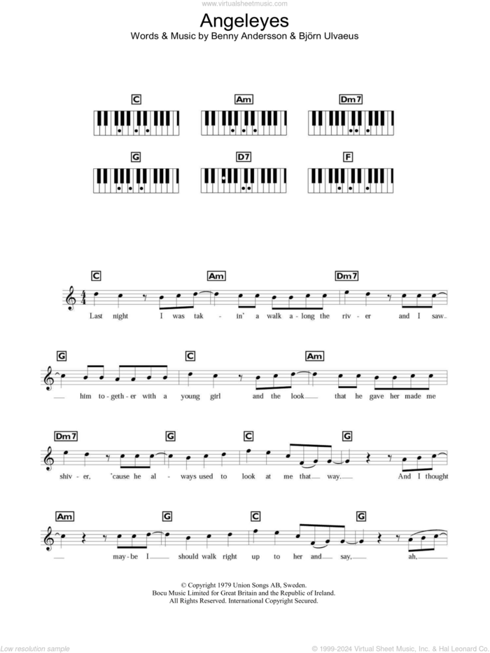 Angeleyes sheet music for piano solo (chords, lyrics, melody) by ABBA, Benny Andersson and Bjorn Ulvaeus, intermediate piano (chords, lyrics, melody)