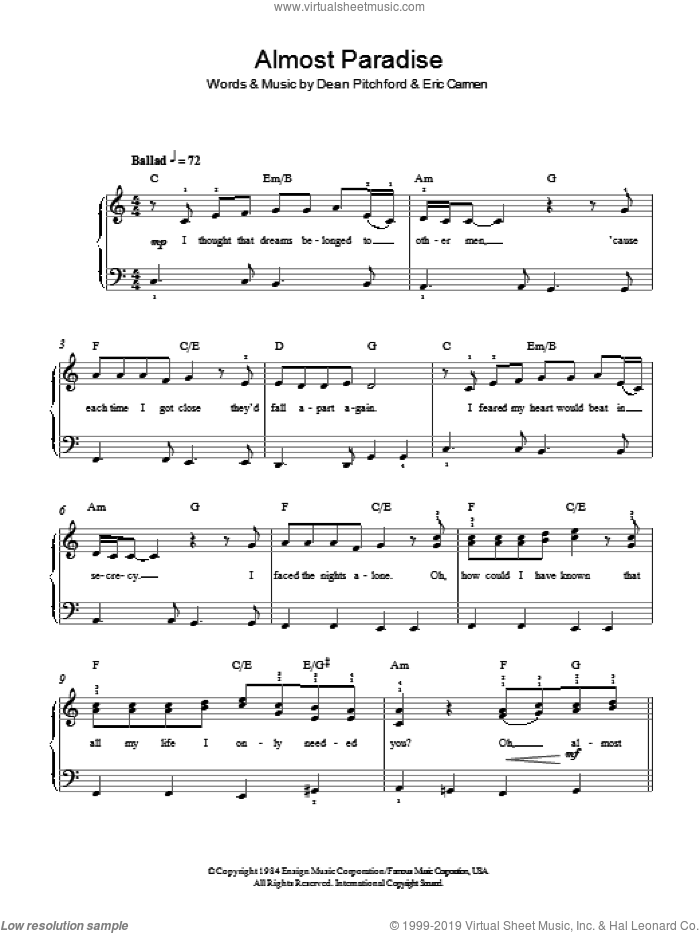Almost Paradise sheet music for piano solo by Ann Wilson & Mike Reno, Dean Pitchford and Eric Carmen, easy skill level