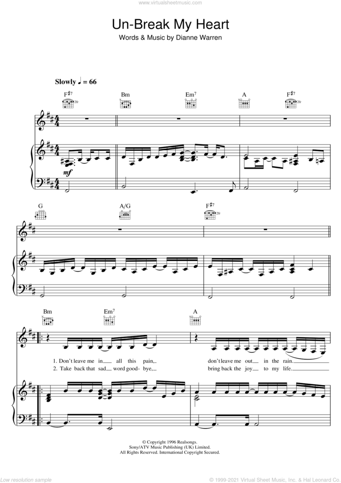 Un-Break My Heart sheet music for voice, piano or guitar by Toni Braxton and Diane Warren, intermediate skill level