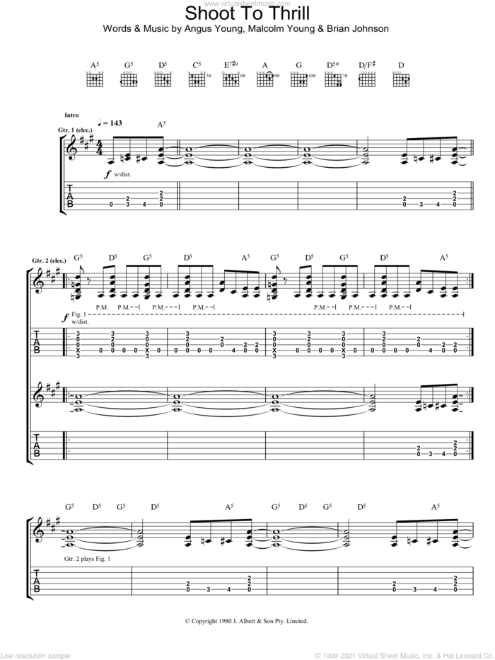 Shoot To Thrill sheet music for guitar (tablature) by AC/DC, Angus Young, Brian Johnson and Malcolm Young, intermediate skill level