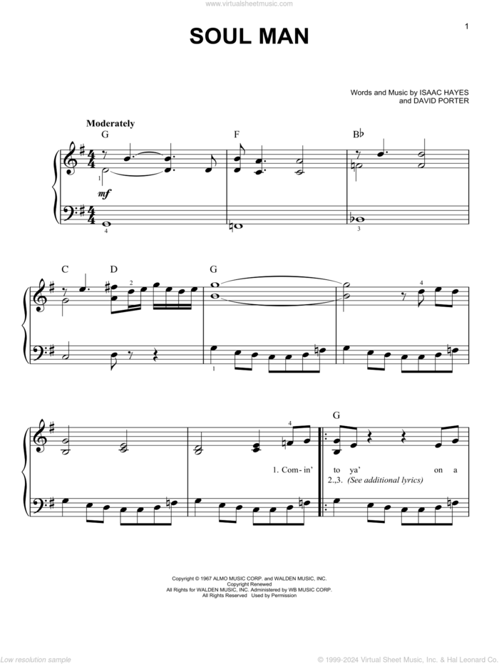 Soul Man, (easy) sheet music for piano solo by Sam & Dave, Blues Brothers, David Porter and Isaac Hayes, easy skill level