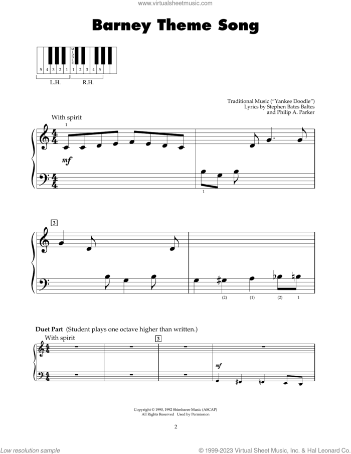 Barney Theme Song sheet music for piano solo (5-fingers) by Stephen Bates Baltes and Philip A. Parker, beginner piano (5-fingers)
