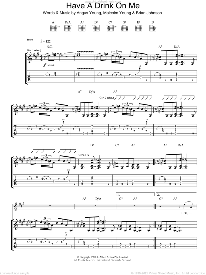 Have A Drink On Me sheet music for guitar (tablature) by AC/DC, Angus Young, Brian Johnson and Malcolm Young, intermediate skill level