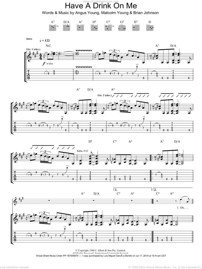 Have A Drink On Me sheet music for guitar (tablature) by AC/DC, Angus Young, Brian Johnson and Malcolm Young, intermediate skill level