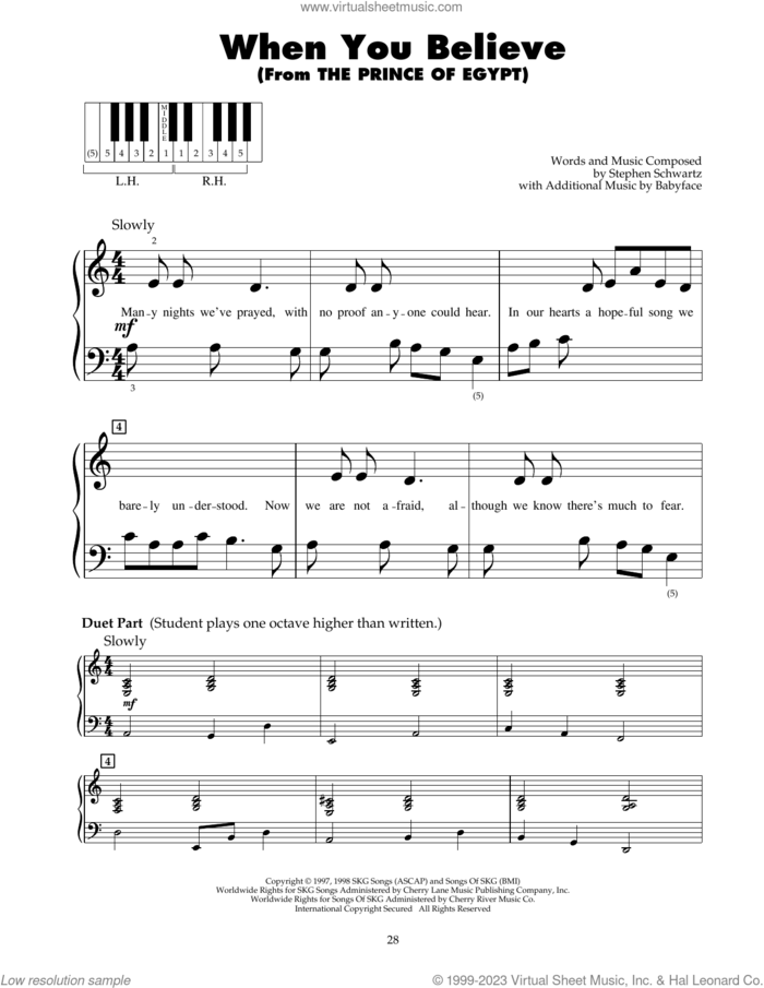 When You Believe (from The Prince Of Egypt) sheet music for piano solo (5-fingers) by Whitney Houston and Mariah Carey and Stephen Schwartz, beginner piano (5-fingers)