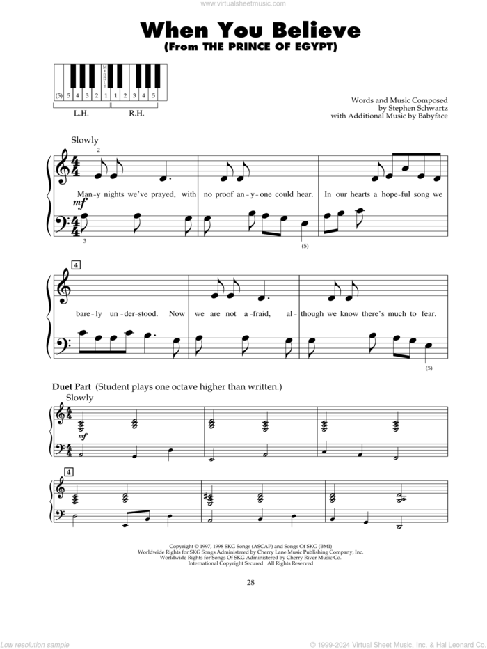 When You Believe (from The Prince Of Egypt) sheet music for piano solo (5-fingers) by Whitney Houston and Mariah Carey and Stephen Schwartz, beginner piano (5-fingers)