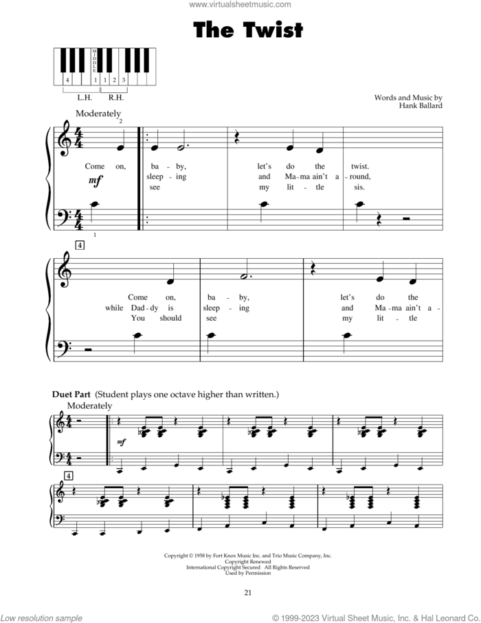 The Twist sheet music for piano solo (5-fingers) by Chubby Checker and Hank Ballard, beginner piano (5-fingers)
