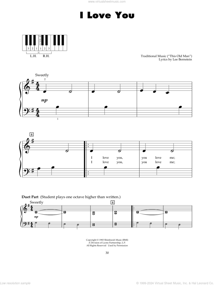 I Love You (from Barney) sheet music for piano solo (5-fingers) by Lee Bernstein and Miscellaneous, beginner piano (5-fingers)