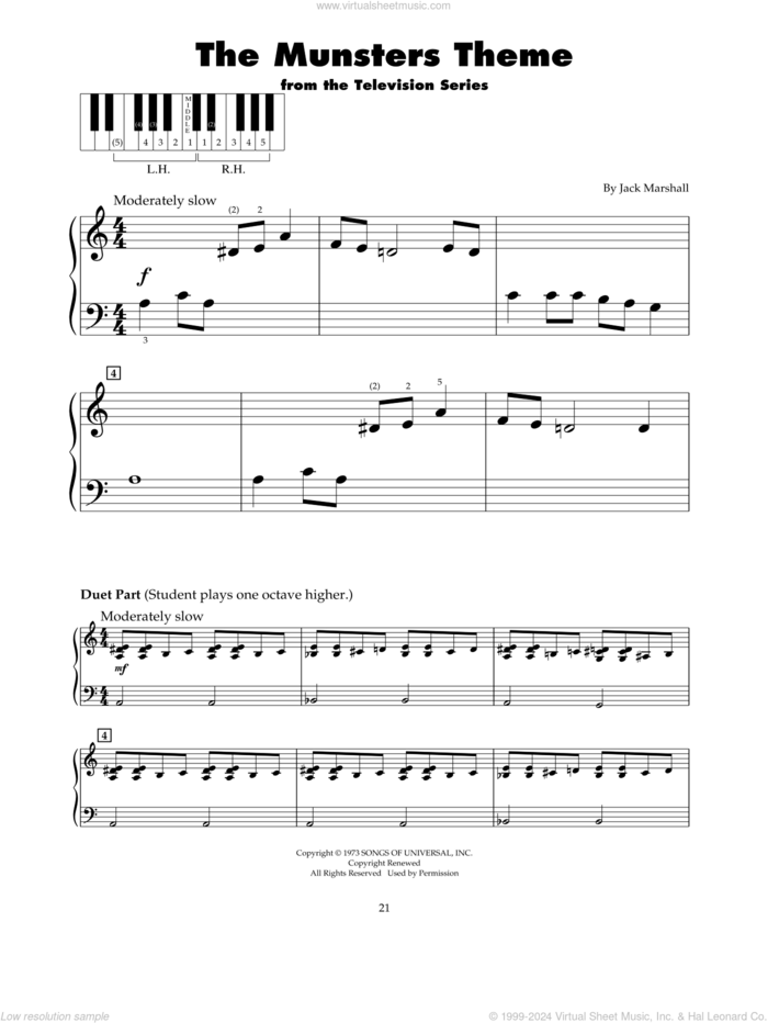 The Munsters Theme sheet music for piano solo (5-fingers) by Jack Marshall, beginner piano (5-fingers)