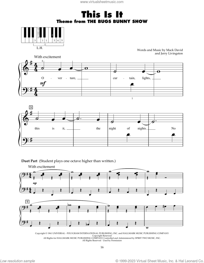 This Is It! sheet music for piano solo (5-fingers) by Mack David and Jerry Livingston, beginner piano (5-fingers)