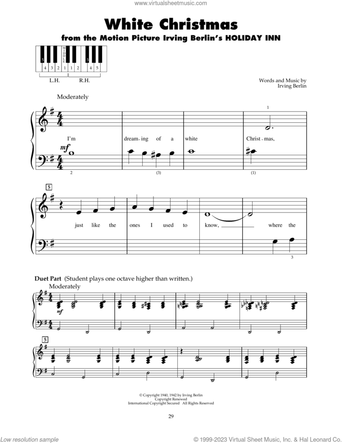 White Christmas sheet music for piano solo (5-fingers) by Bing Crosby and Irving Berlin, beginner piano (5-fingers)