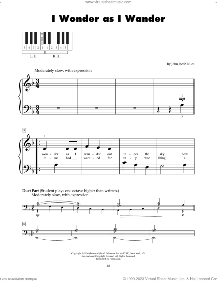 I Wonder As I Wander sheet music for piano solo (5-fingers) by John Jacob Niles, classical score, beginner piano (5-fingers)